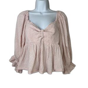 Free People Top Women Small Pink Brittnee Smocked Peplum Shirt Peasant Milkmaid